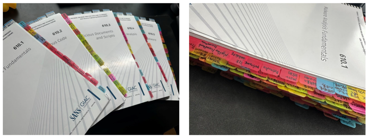 Five textbooks fully indexed with sticky notes